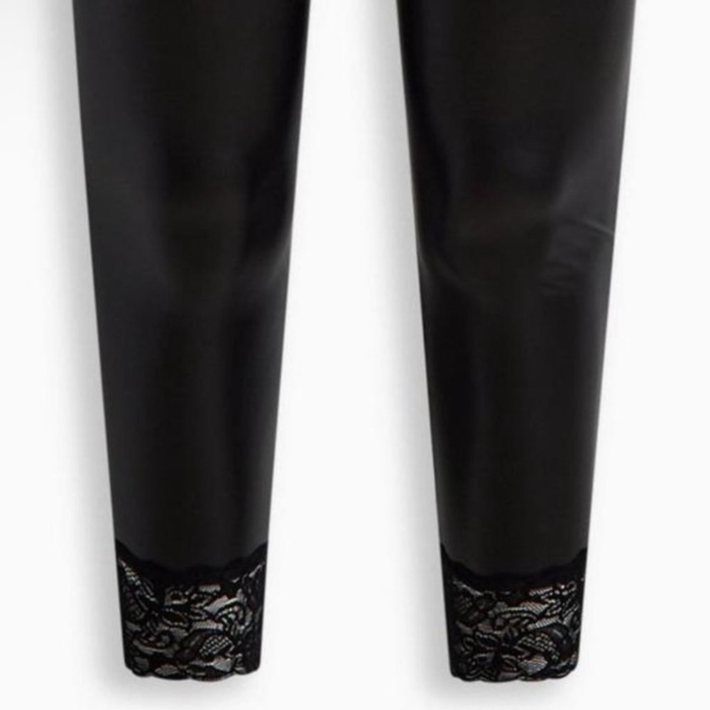 Torrid 1 (1X 14/16) Black Faux Leather Leggings with Lace Trim Elastic Waist - Picture 2 of 5